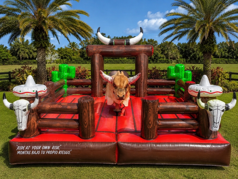 Mechanical bull with inflatable arena, cactus and sombrero props
