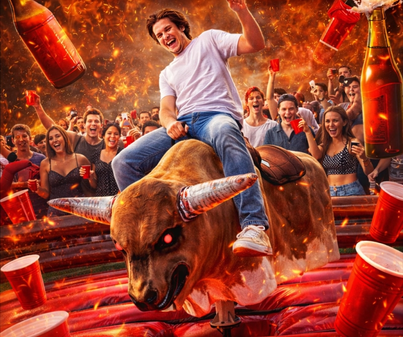 Guest riding the mechanical bull with a cheering crowd and confetti